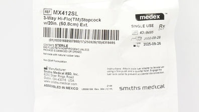 Medex MX412SL 3-Way Hi-Flo Stopcock w/20in Ext.